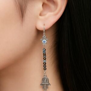 Rhinstone Hamsa Hand And Evil Eye Dangle Earrings 925 Hypoallergenic